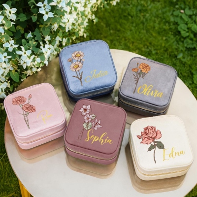Birth Flower Jewelry Travel Case, Personalized Birthday Gift, Custom Velvet Jewelry Box, Gifts for Wedding/Bridesmaid/Mom/Women (Buy More Save More)