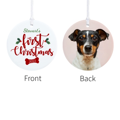 Primo ornamento di Natale personalizzato per animali domestici, nome personalizzato rotondo ornamento di Natale in ceramica, regali di Natale, regali per gli amanti degli animali domestici/mamma del cane/lei