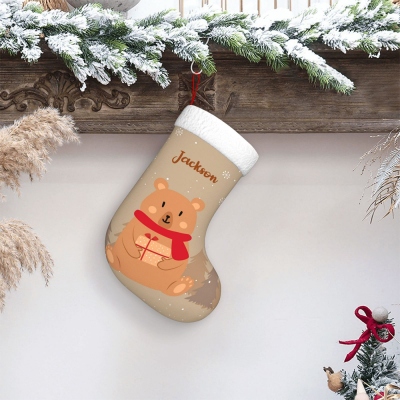 Personalized Christmas Bear Stuffed Stockings, Custom Name Christmas Gift Bags for Family, Xmas Holiday Ornament Home Decor, Gift for Boys/Girls/Kids