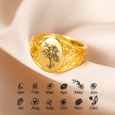Personalisierter Geburtsblumen-Ring, personalisierter Geburtsblumen-Familienring, Sterling Silber 925 Blumenstrauß-Ring, gravierter Ring für Frauen, Geschenk für Mama/Oma/Sie