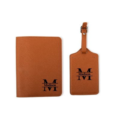 Personalized Name & Initial Passport Holder & Luggage Tag, Custom Leather Passport Cover, Graduation Travel/Honeymoon Gift for Friend/Couples/Family