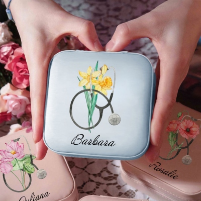 Personalized Birth Flower Jewelry Box with Stethoscope, Custom Name Leather Nurse Travel Jewelry Box, Nurse Week Gift, Gift for Doctor/Medical Student