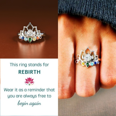 Custom Birthstone Rebirth Lotus Ring, Begin Again Lotus Ring, Sterling Silver 925 Inspirational Jewelry, Friendship Gift, Birthday Gift for Daughter