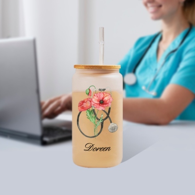 Personalized Birth Flower Stethoscope Tumbler, 20oz Name Tumbler with Straw & Bamboo Lid, Nurse Graduation Gift Cup, Gift for Doctor/Medical Staff