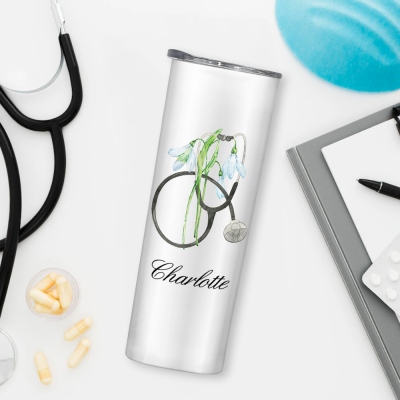 Personalized Watercolor Birth Flower Stethoscope Tumbler, Custom Name 20oz Portable Travel Cup, Nurse Graduation Gift, Gift for Doctor/Medical Staff