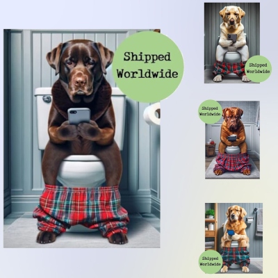 Dog Sitting on Toilet with Mobile Phone Print, Funny Dog Animal Picture Bathroom Wall Decor, Painting Art Sign for Toilet, Gift for Dog Lover