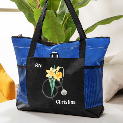 Personalized Birth Flower Nurse Tote Bag for Work, Custom Name Shoulder Handbag with Mesh Pocket, Appreciation/Graduation Gift for Doctor/Nurse