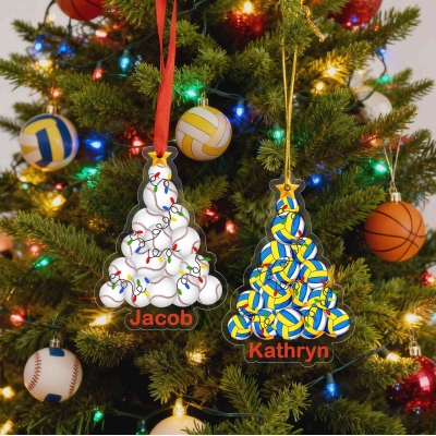 Custom Name Sports Balls Stacked Christmas Tree Acrylic Ornament, Baseball/Tennis/Soccer Holiday Tree Hanging Decor, Christmas Gift for Sports Lovers