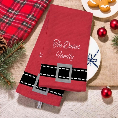 Personalized Full Color Santa Belt Waffle Weave Dish Towel with Name, Absorbent Kitchen Towel, Housewarming/Christmas Gift for Hostess/Mom/Family