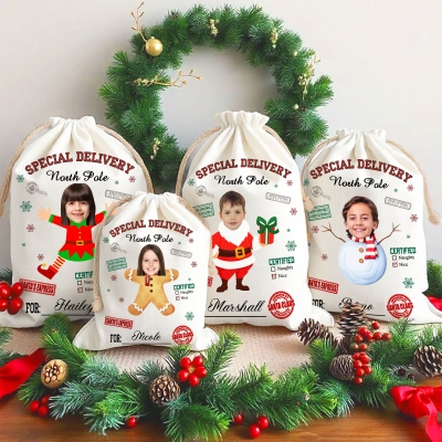 Custom Photo Name North Pole Special Delivery Christmas Gift Bag, Canvas Christmas Sack with Drawstring, Holiday Party Favor, Christmas Gift for Kids