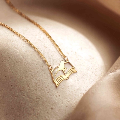 Bird on Book Necklace, Sterling Silver 925 Open Book Necklace, Custom Letter Minimalist Necklace, Christmas/Birthday Gift for Book Lovers/Bookworms