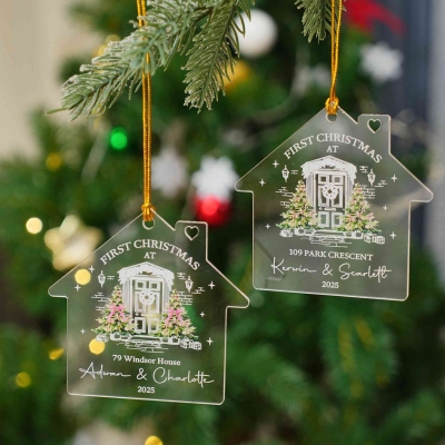 Personalized New House 1st Christmas Ornament with Name Year Address, Acrylic Christmas Tree with Bow Hanging Decor, Christmas Gift for Couple/Family
