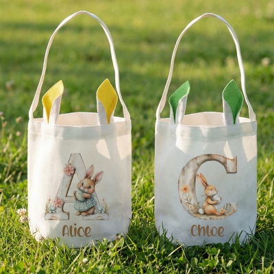 Personalized Name Floral Rabbit Watercolor Alphabet Easter Basket, Cotton Linen Easter Bucket Bag with Bunny Ears, Easter Gift for Kids/Boys/Girls