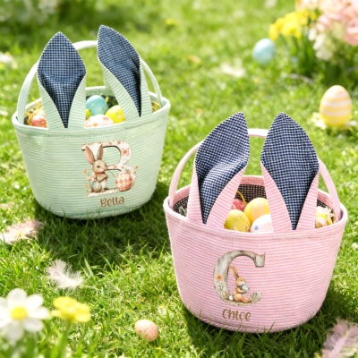 Personalized Name Floral Bunny Watercolor Alphabet Basket with Rabbit Ears, Seersucker Large Capacity Easter Egg Hunt Bucket Bag, Easter Gift for Kids