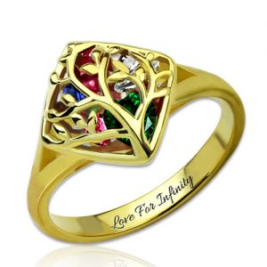 Engraved Family Tree Cage Ring With Heart Birthstones Gold Plated