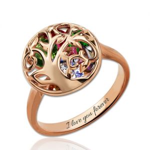 Round Cage Family Tree Ring With Heart Birthstones In Rose Gold
