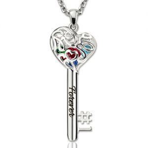 No.1 Family Mom Heart Cage Key Name Necklace With Birthstones