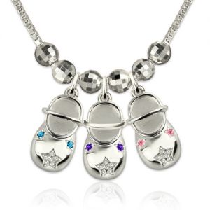 Engraved Baby Shoes Charms Necklace with Birthstones