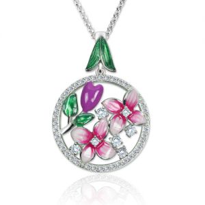 Flowers Pendant Necklace with Birthstones Platinum Plated