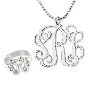 Artistic Monogram Ring & Necklace Set Sterling Silver