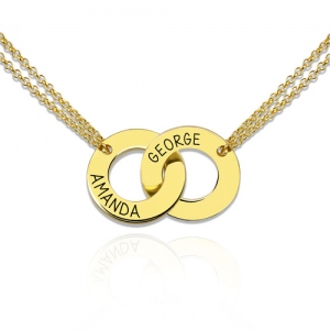 Engraved Interlocking Two-Circle Name Necklace Gold Plated Silver