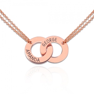 Engraved Interlocking Two Circle Name Necklace Rose Gold