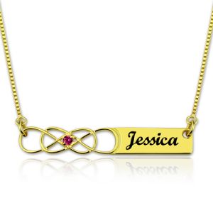 Double Infinity Bar Name Necklace with Birthstone Gold