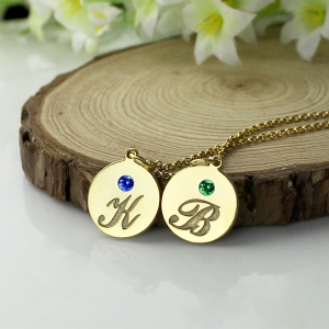 Engraved Initial & Birthstone Disc Charm Necklace 18k Gold Plated