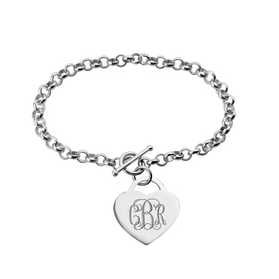 Personalized Heart Charm Monogram Bracelet Sterling Silver