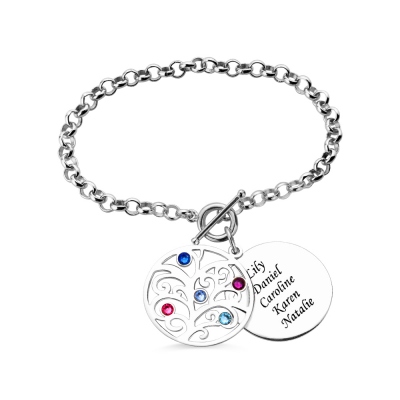 Personalized Tree Bracelets Engraved Names & Birthstones - Mom or Grandma Gift