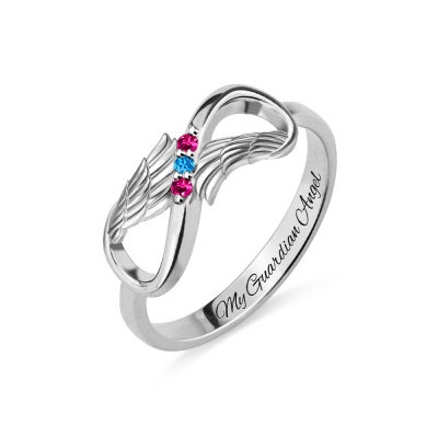 Engraved Angel Wings Infinity Ring with Birthstones Silver