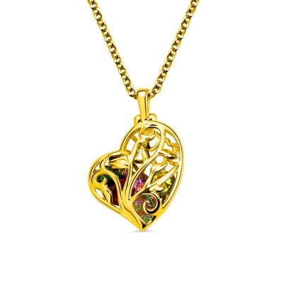 Herz-Gehäuse Halskette mit Familienstammbaum und Geburtssteine vergoldet