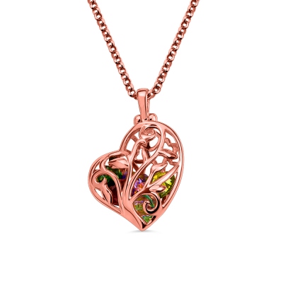 Heart Cage Family Tree Necklace With Birthstones In Rose Gold