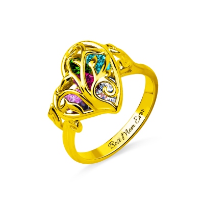 Heart Birthstones Family Tree Caged Ring for Mother Gold Plated