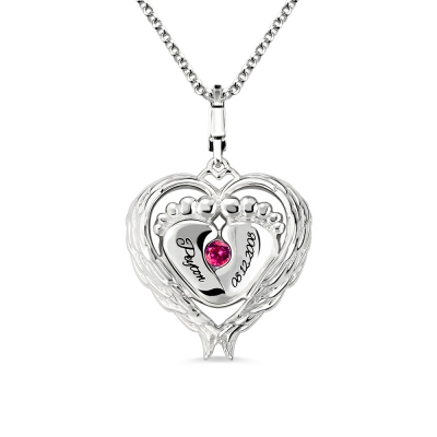 Birthstone Baby Feet Necklace With Angel Wing Platinum Plated