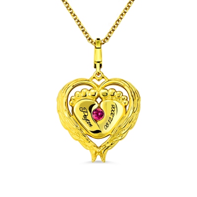 Angel Wings Baby Feet Necklace With Birthstone Gold Plated
