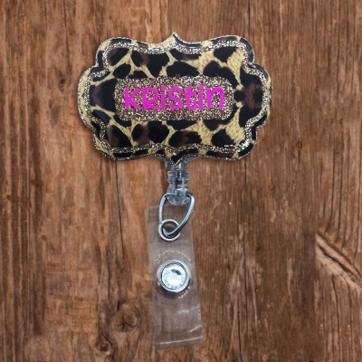 Custom Name Leopard Bracket Glitter Badge Reel, Nursing Badge Reel with Belt Clip, Gift for Cheetah Nurse/Medical RN/Hospital Doctor/Office Dental