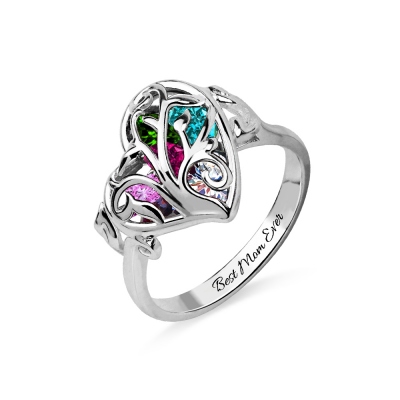 Heart Birthstones Family Tree Caged Ring for Mother Platinum Plated