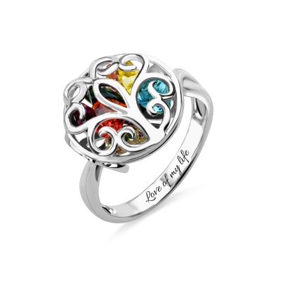 Round Cage Ring Family Tree Ring with Birthstone Platinum Plated