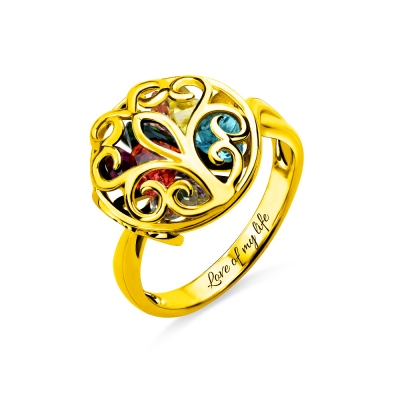 Round Cage Ring Family Tree Ring with Birthstone Gold Plated