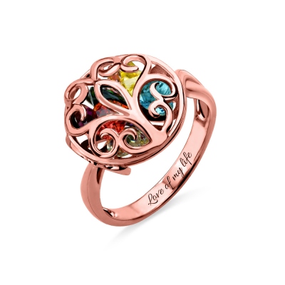 Round Cage Family Tree Ring with Birthstone In Rose Gold