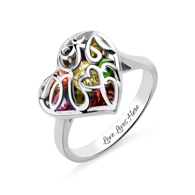 Mother's Heart Cage Ring With Birthstones Platinum Plated