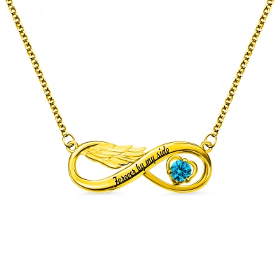 Customized Infinity Angel Wing Engraved Birthstone Necklace In Gold Plated
