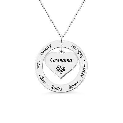 Circle Grandma Heart Pendant Necklace Engraved Kids Names