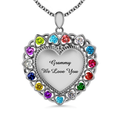 Customized Grandma Heart Birthstones Necklace In Platinum Plated