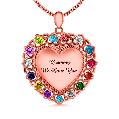 Heart Necklace With Birthstones for Grandma In Rose Gold