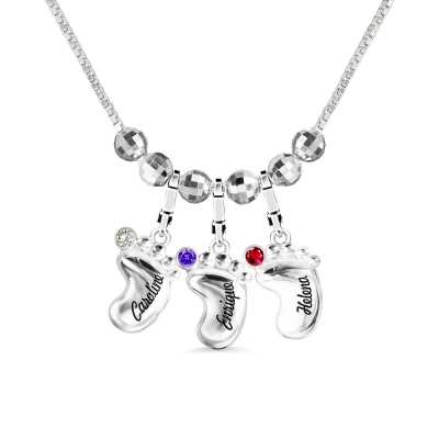 Engraved Family Name 3D Baby Feet Necklace with Birthstone Sterling Silver