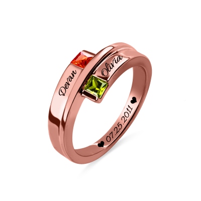 Engraved Double Square Birthstones Name Ring In Rose Gold