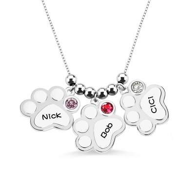 Multiple Paw Print Name Silver Necklace with Birthstones