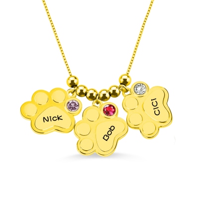 Multiple Engraved Paw Print Necklace With Birthstones Gold Plated